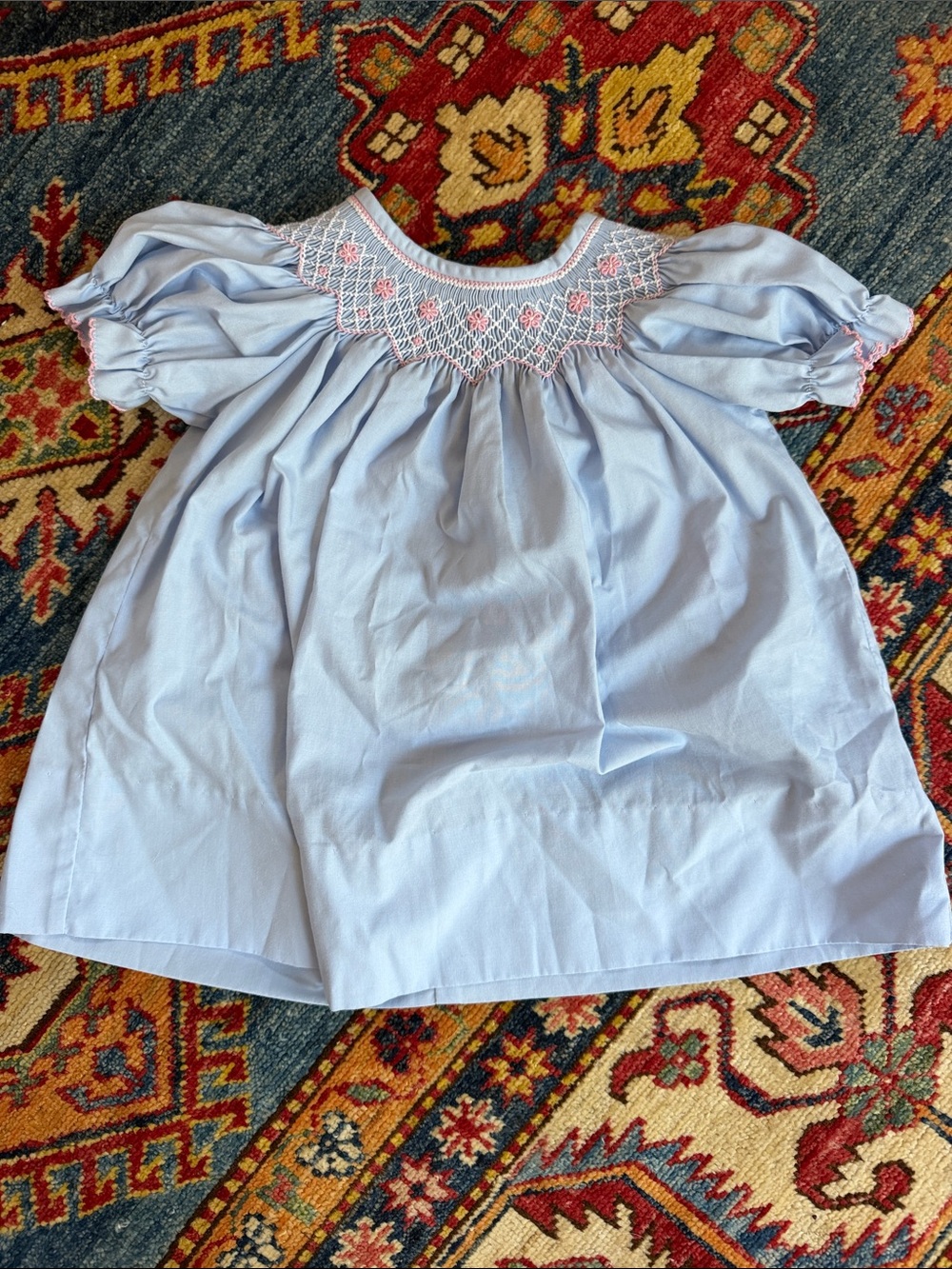 Edgehill Collection Light Blue Smocked Puff Sleeve Dress with Pink Embroidery
